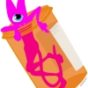 Title, Take Your Meds, by Cactus Springman. A digital illustration depicting a lithe pink cat with human features standing inside an orange medication bottle. The bottle lid is off, so the cat has their head and arms sticking out, resting on the rim. The pink cat has a blue cyclops eye.  