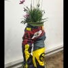 One of a group of sculpture installations made in collaboration with RAINN, for sexual assault awareness at their Denim Day event. I took apart, painted, and restitched a pair of pants to tell the story of pulling yourself back together after abuse. The group each mounted their pants to stand upright, and filled with planters, to convey the idea of growth and beauty after pain. Jessica Perkins, Jasper Perkins, Immerzart, installation, RAINN, denim day, consent, awareness sculpture, plants,