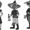 Grayscale concepts of the same character standing side by side to experiment with shape design.