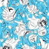 Sharks, by Cactus Springman. A digital illustration of various species of sharks all swimming around each other. The sharks and water ripples are black, while the background water and bubbles are blue and white. The sharks are repeated as an asymmetrical pattern throughout the piece.