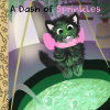 A black kitten standing over a bubbling cauldron putting sprinkles in the brew while her witch owner is away.