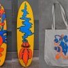 I created a character last year named Blob Dude, and he occasionally goes on wacky adventures with his pet snake. In this series, I painted a skate deck, as well as created merchandise such as tote bags, prints, and t-shirts. Funky, Surreal, Fun, Bright, Skateboard, Skate, Deck.