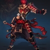 Spiky red hair, samurai-esque warrior with a scar on his cheek.