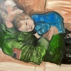 Painting of reclining man on sofa with baby resting on his torso.