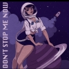 Pin-up girl in space leaning against a planet.