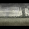 A tornado with eyes and arms approaches on a forested horizon.