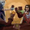 “four characters raising their glasses while a pile of coins sits on the table”