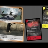 "A set of 4 cards from a fantasy game spread out. "