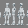 A set of turnaround drawings for the character Logan, showing him from the front, three-quarter, side, three-quarter back, and back views.