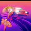 Car coming over a hill in vaporware aesthetic with gradient of purple, pink and orange.