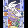 An illustration of a stained glass window, featuring a goose, feathers, and eggs.