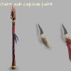 “Long Staff Decorated in many different carvings, and a small knife made of what seems to be bone meant for carving.”