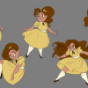 A set of poses displaying the character Alma in everyday activities, including dancing, lounging, and looking around.