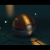 A Pokeball being lit by a sliver of light with energy balls surrounding it.