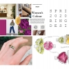 An engagement-style ring made out of silver with a square-shaped yellow sun stone in the center and two green triangle shaped peridot stones on either side. The page also shows some samples of sketches and a mood board displaying the inspiration for the project. 
