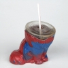 Red and blue cat figure with head missing and plastic drink container with cap and straw in its place.
