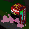 Mystery Soda Machine on Capitol Hill, by Cactus Springman. This is a digital illustration turned into an animated GIF. The focus is an old, red soda machine on the side of the road, where pink mist floats in and out of the retrieval slot. A lone soda can drops out of the machine and rolls into the road, without anyone pushing a button. The GIF loops. The background is a dark forest.
