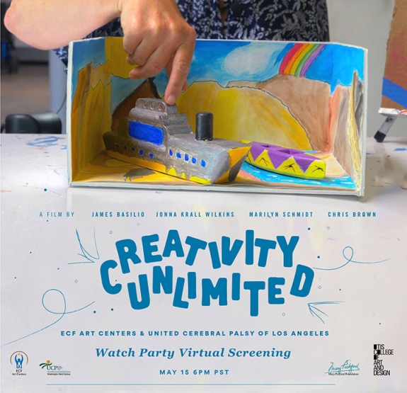 flyer for Creativity Unlimited screening: Hand pointing inside diorama of a cruise ship and canoe with mountains and a rainbow in the background.